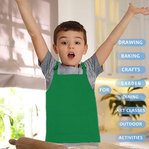 H.BETTER Kid Apron Adjustable Strap with 2 Pockets Painting Cooking Craft Backing Unisex Age 5-12(Green) - Image 3